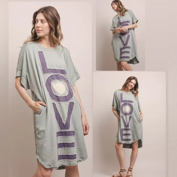 NWT Blue Velvet Love Lettering Patchwork Short Sleeve Dress Sz XL - Picture 2 of 4